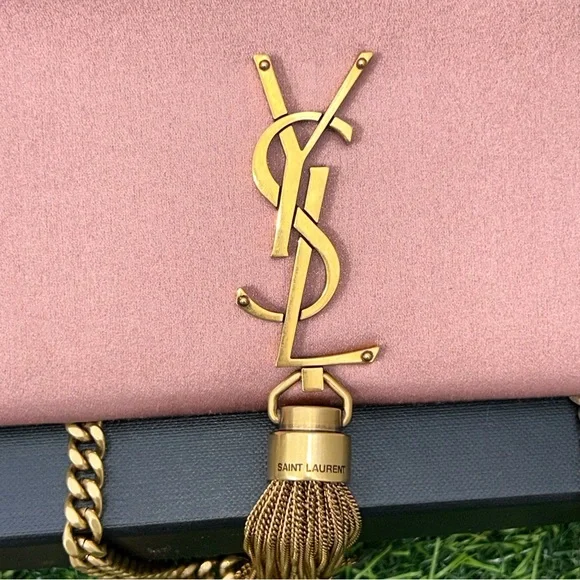 SAINT LAURENT KATE TASSEL CLUTCH ON CHAIN ROSE PINK SATIN GOLD HARDWARE NEW!